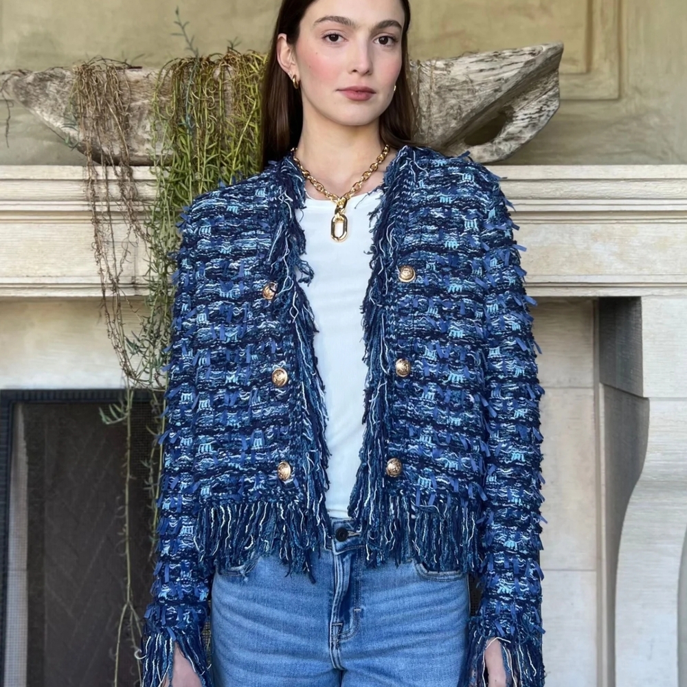 Fringed Blue Tweed Knit Jacket Sweater - Women